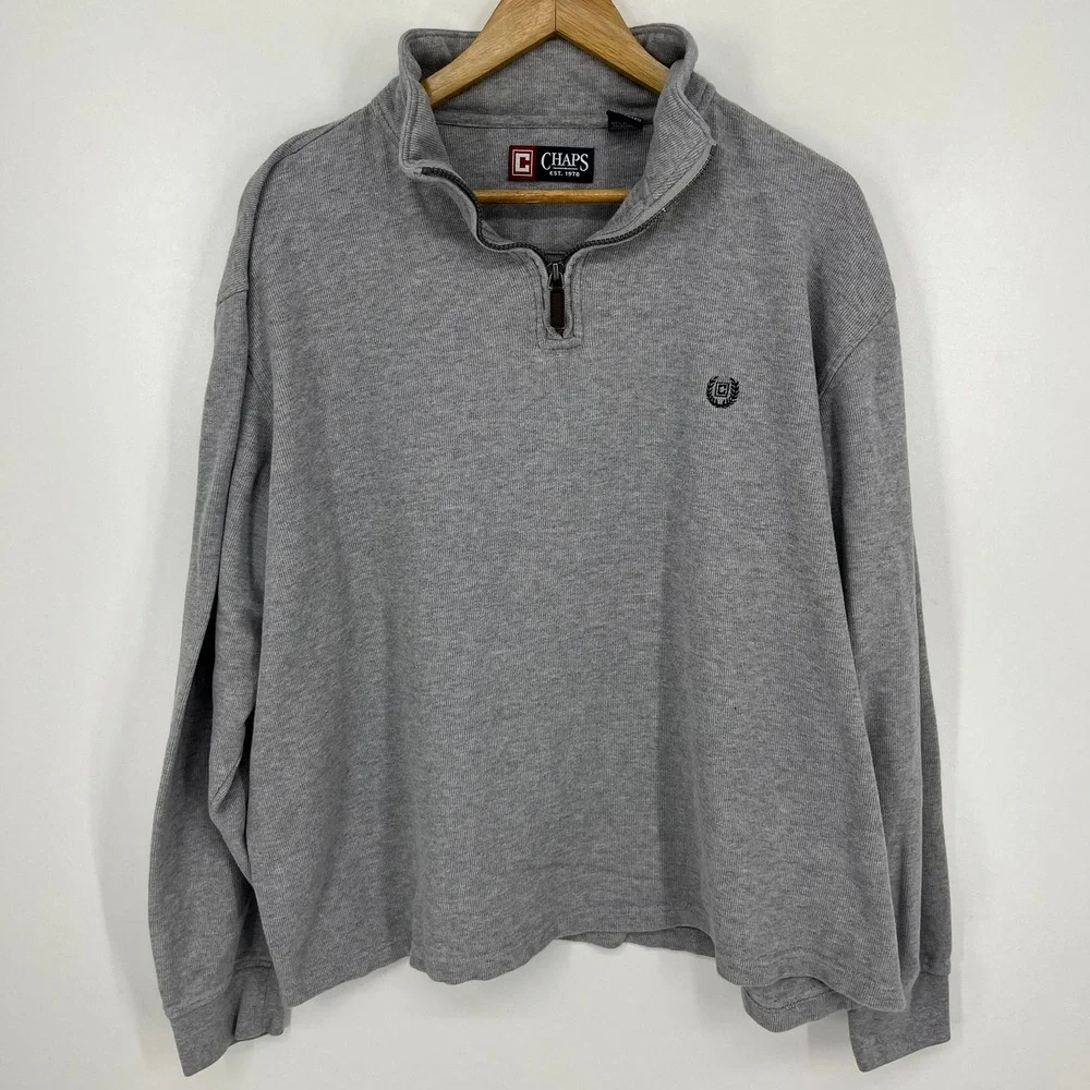Chaps Mens XXL Gray Ribbed 100% Cotton Quarter Zip Pullover Sweater Logo